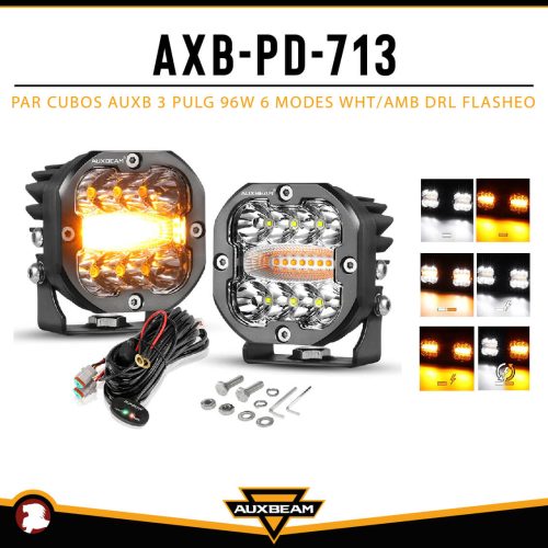 PAR CUBOS AUXB 3″ 96W 6 MODES WHT / AMB DRL FLASHEO