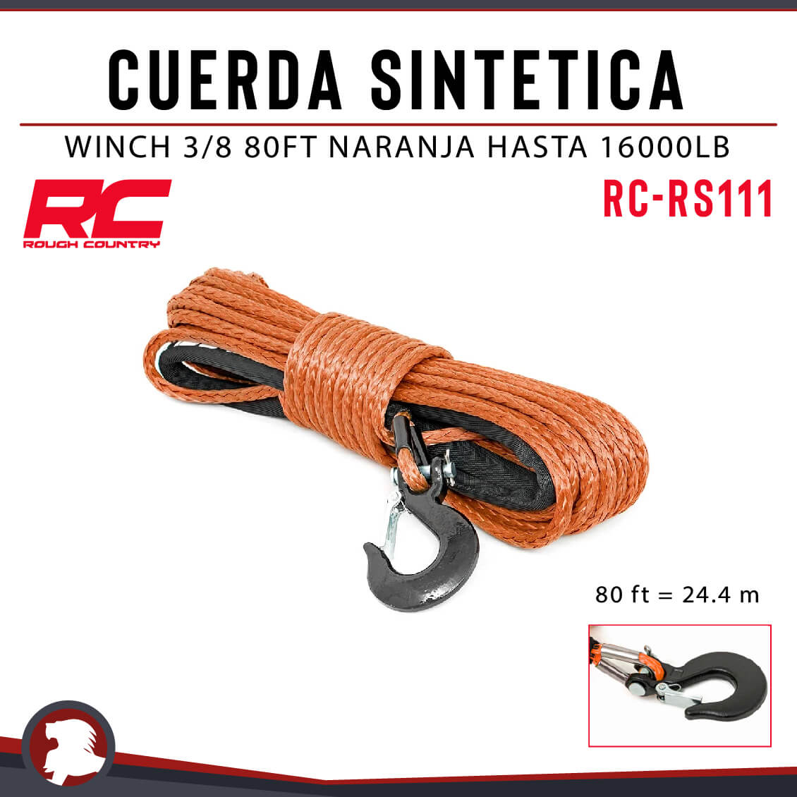 CUERDA SINTETICA WINCH 3/8 80FT NARANJA HASTA 16000LB